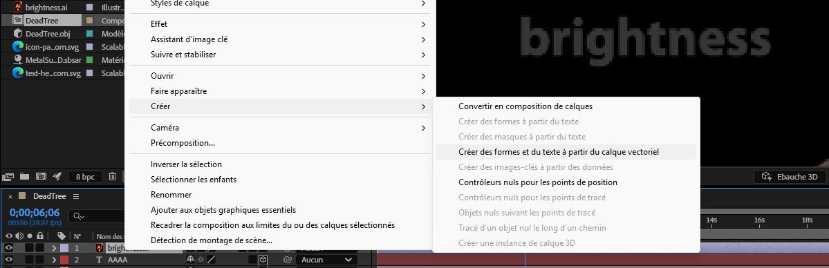 Menu Calque > Créer avec Créer des formes et du texte à partir du calque vectoriel en surbrillance, convertissant le texte vectoriel en calques de texte modifiables.