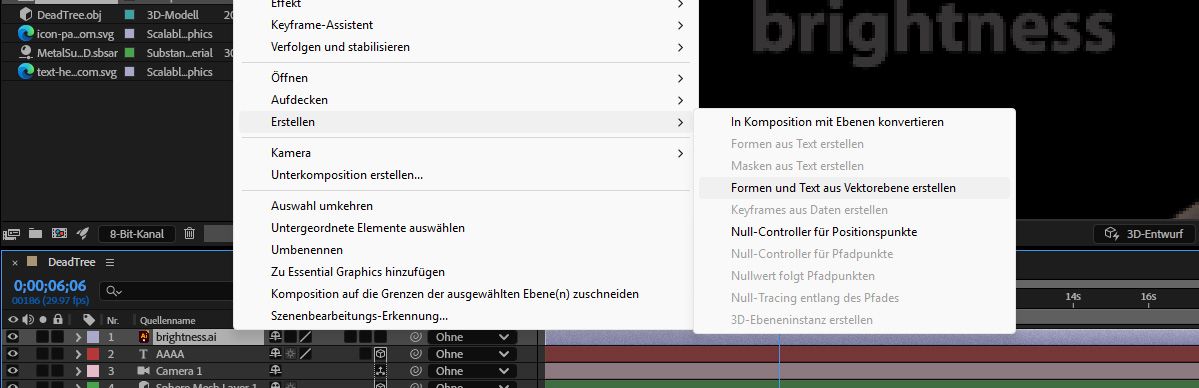 Untermenü „Ebene“ > „Erstellen“ mit hervorgehobener Option „Formen und Text aus Vektorebene erstellen“, wodurch Vektortext in bearbeitbare Textebenen konvertiert wird.