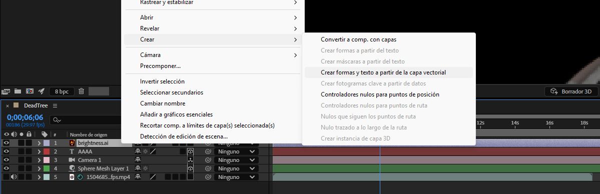 Submenú Capa > Crear con Crear formas y texto a partir de capa vectorial resaltado, convirtiendo texto vectorial en capas de texto editables.