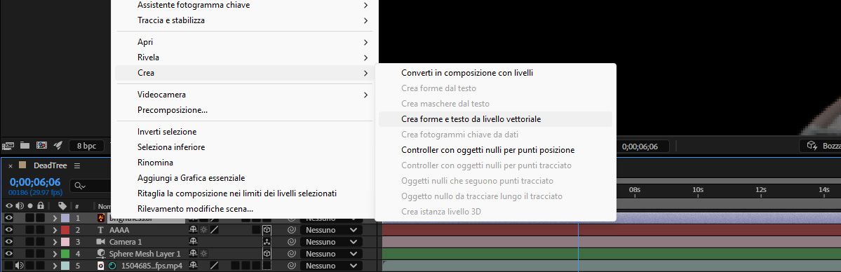 Sottomenu Livello > Crea con Crea forme e testo da livello vettoriale evidenziato, per convertire il testo vettoriale in livelli di testo modificabili.