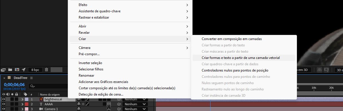 Camada > Submenu Criar, com as opções Criar formas e Criar texto a partir da camada vetorial destacadas, convertendo o texto vetorial em camadas de texto editáveis.