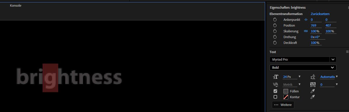 Helligkeit-Textebene über einer Flammengrafik, mit Zeichenbedienfeld, das die Schriftart Adobe Clean Kursiv, Größe 74 px und aktivierte Füllung anzeigt.