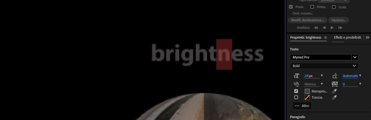 Livello di testo Luminosità su una grafica di fiamma, con il pannello Carattere che mostra il font Adobe Clean Italic, dimensione 74px e Riempimento abilitato.