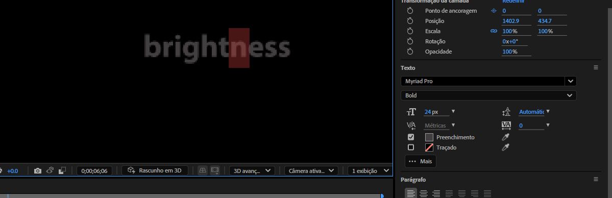 Camada de texto Brilho sobre um gráfico de chama, com o painel Caractere mostrando fonte Adobe Clean Itálico, tamanho 74px e Preenchimento ativado.