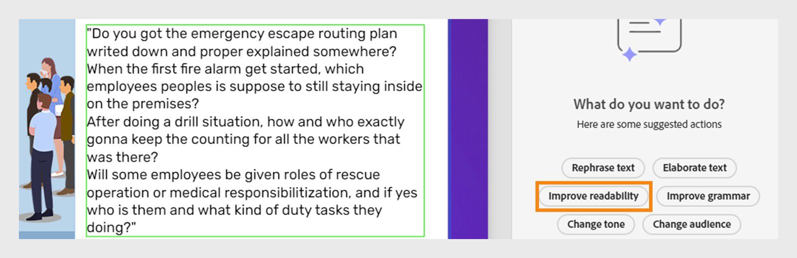 Improve readability dialog showing the Generate text option with Improve readability selected from the dropdown menu.