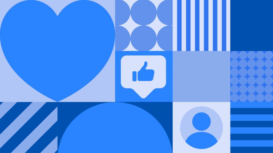 Blue graphic patterns on dark blue background signifying social media likes and engagement