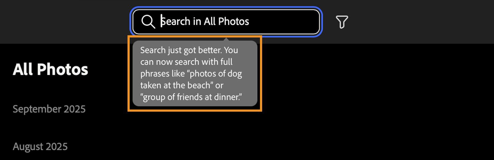Alla foton öppnas i Lightroom på webben, där information om Förbättrad sökning är markerad.