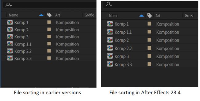 Ein Vergleich der Dateisortierung mit Namen, die Zahlen enthalten, in früheren Versionen und in After Effects 23.4.