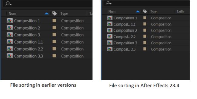 Une comparaison du tri des fichiers avec des noms comportant des chiffres dans les versions antérieures et dans After Effects 23.4.