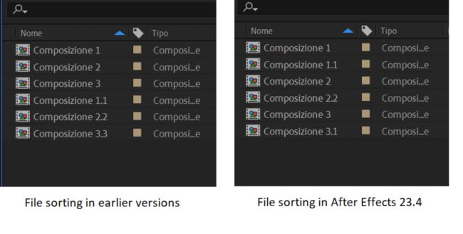 Confronto di ordinamento file con nomi che contengono numeri nelle versioni precedenti e After Effects 23.4.