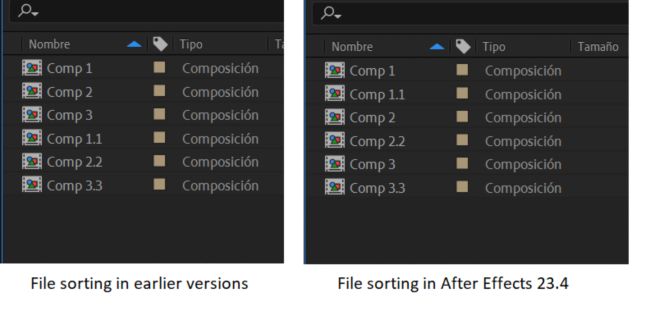 Una comparación de archivos que se ordena con nombres que tienen números en versiones anteriores y After Effects 23.4.