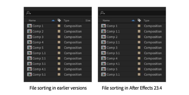 A comparison of files sorting with names that have numbers on earlier versions and After Effects 23.4.