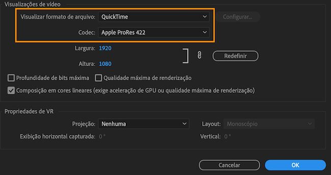 ProRes agora é o codec padrão para renderização de sequência