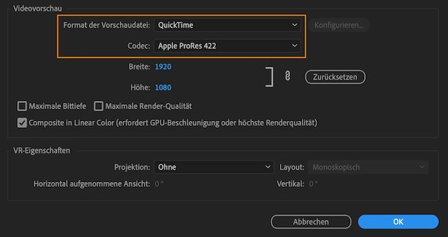 ProRes ist jetzt der Standardcodec für das Rendern von Sequenzen