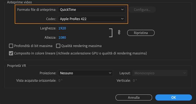 ProRes è ora il codec predefinito per il rendering delle sequenze