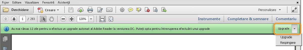 Notificare în aplicație pentru upgrade sau renunțare