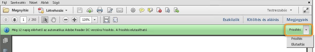 A programban megjelenő értesítés a frissítésről vagy az elutasításáról