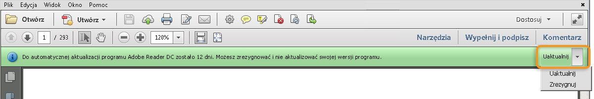 Powiadomienie dotyczące aktualizacji z możliwością rezygnacji