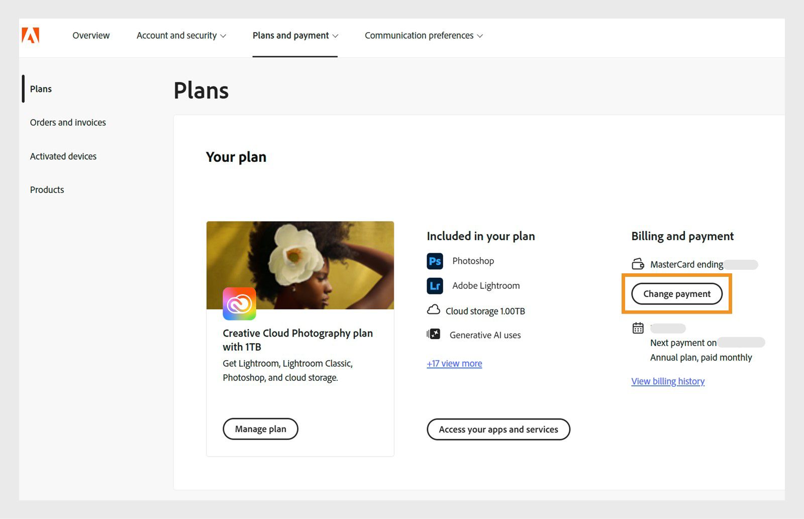 The Edit billing and payment button under Billing and payment in the Your plan section provides an option to add or edit payment details. 