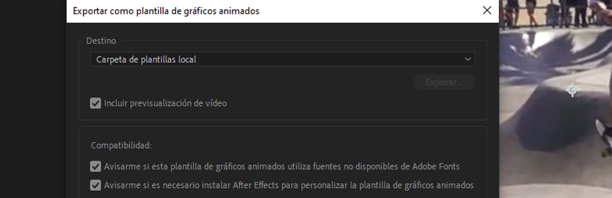 En el cuadro de diálogo Exportar como plantilla de gráficos animados, la casilla Incluir previsualización de vídeo está activada.