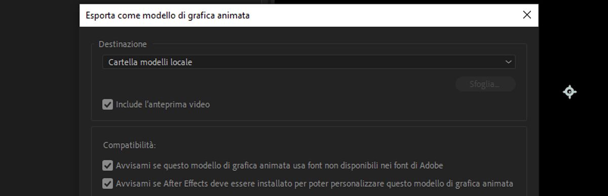 Nella finestra di dialogo Esporta come modello di grafica animata, la casella di controllo Includi anteprima video è selezionata.