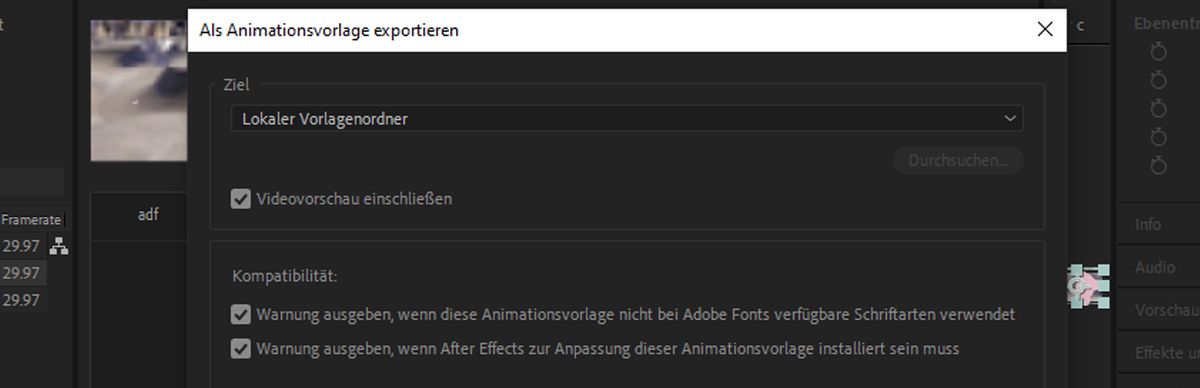 Im Dialogfeld „Als Animationsvorlage exportieren“ ist das Kontrollkästchen „Videovorschau einschließen“ aktiviert.