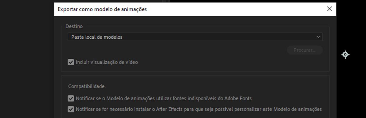 Na caixa de diálogo Exportar como modelo de animações, a caixa de seleção Incluir visualização de vídeo estará marcada.