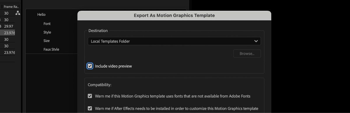 In the Export as Motion Graphic Template dialog box, the Include video preview is checkbox is selected.