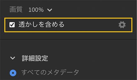書き出し設定の「透かしを含める」オプション