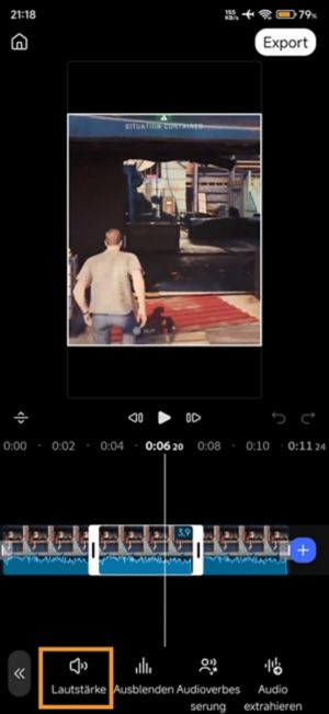 Lautstärke hervorgehoben zwischen den Audio-Optionen „Verblassen“ und „Extrahieren“ nach dem Tippen auf „Audio“.
