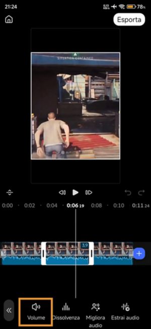 Volume evidenziato tra le opzioni Dissolvenza ed Estrai audio dopo aver toccato Audio.