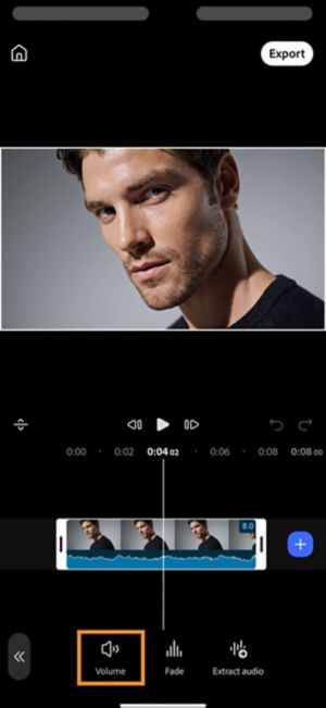 Volume highlighted among Fade and Extract audio options after tapping Audio.