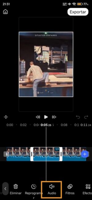 Botón de audio resaltado en la barra de herramientas con un clip seleccionado en la línea de tiempo.
