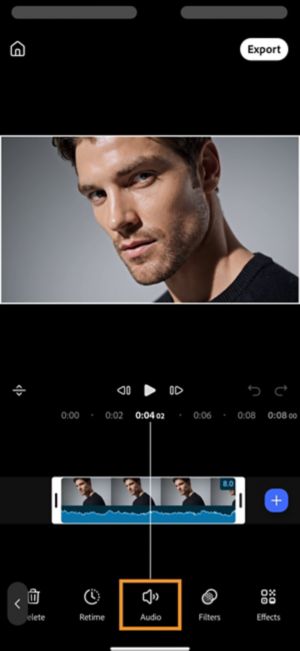 Audio button highlighted in the toolbar with a clip selected in the timeline.
