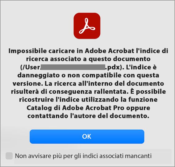 Errore Impossibile caricare il file dell’indice di ricerca