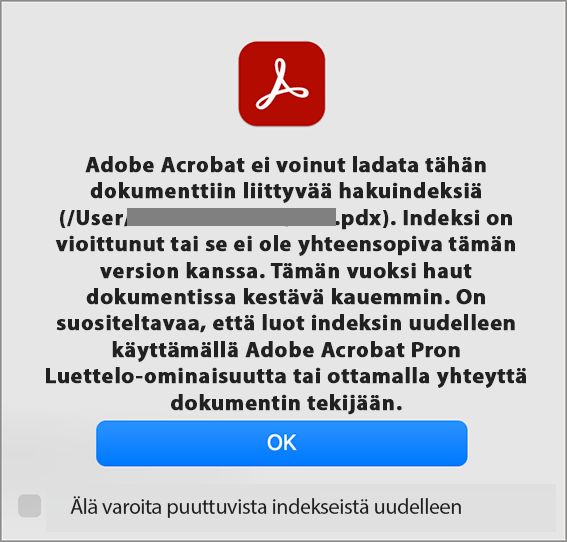 Hakuindeksitiedoston latausvirhe