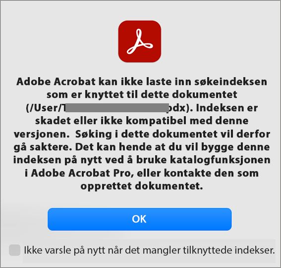 Feilmeldingen Kunne ikke laste inn søkeindeksfilen