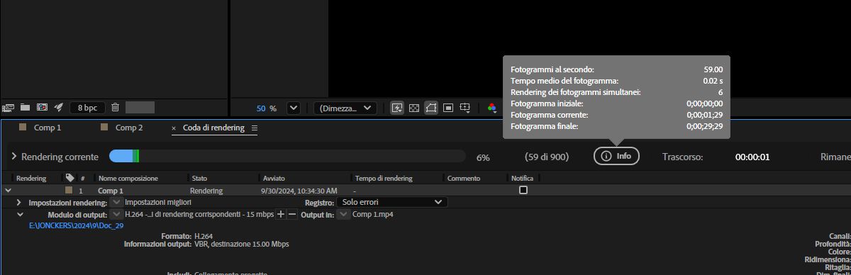 Il pannello Coda di rendering è aperto, così come il prompt Informazioni, che mostra lo stato del rendering.