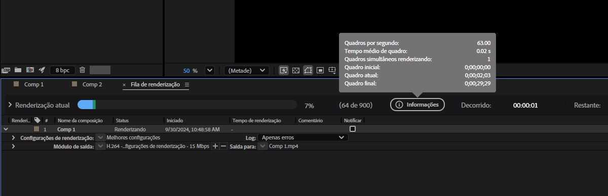 O painel Fila de renderização aberto e a janela de informações mostrando o status da renderização.