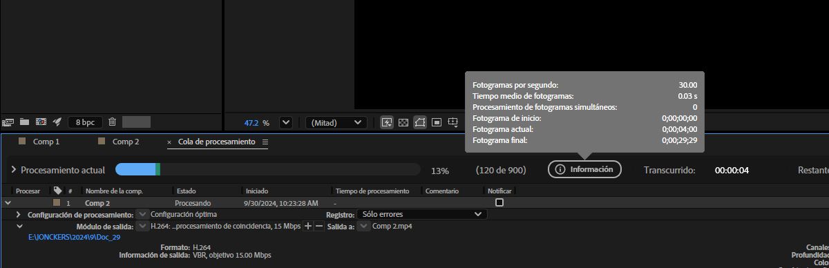 El panel Cola de procesamiento está abierto y la indicación de información está abierta mostrando el estado del procesamiento.
