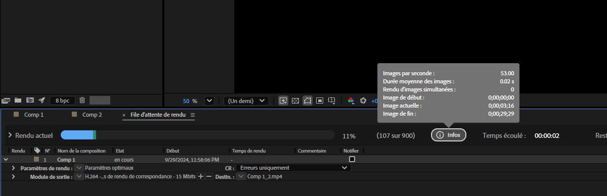 Le bouton Info affiche les détails clés de la composition rendue.