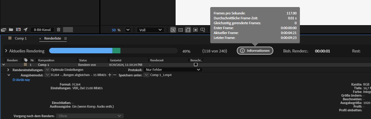 Das Bedienfeld „Renderliste“ ist geöffnet und die Eingebeaufforderung „Einstellungen“ ist geöffnet und zeigt den endgültigen Render-Status an.