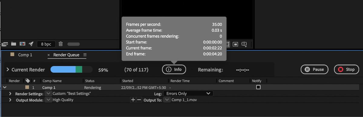 The Info button displays key details of the composition rendered.