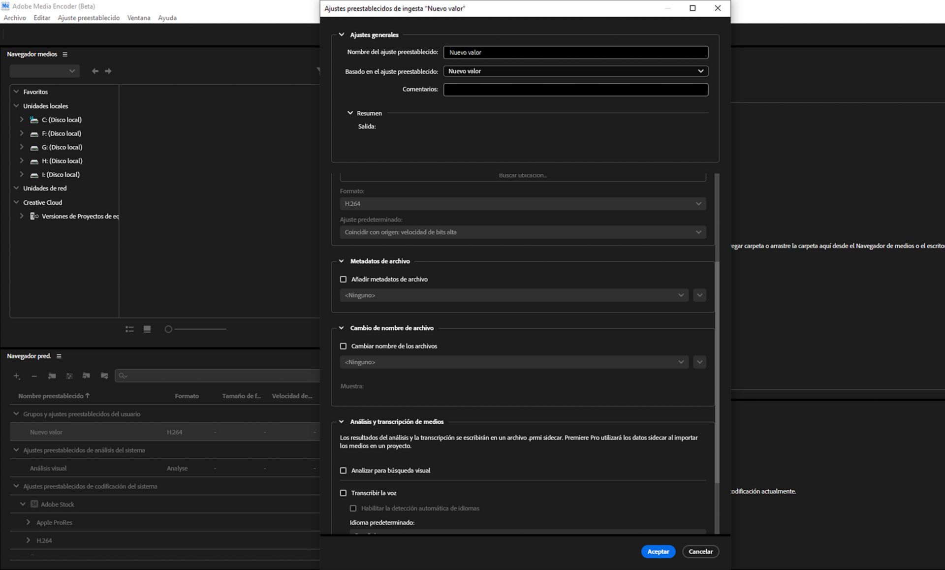 Interfaz de Adobe Media Encoder que muestra varios ajustes preestablecidos de ingesta, por ejemplo, transcodificación, copia, creación de proxys. 