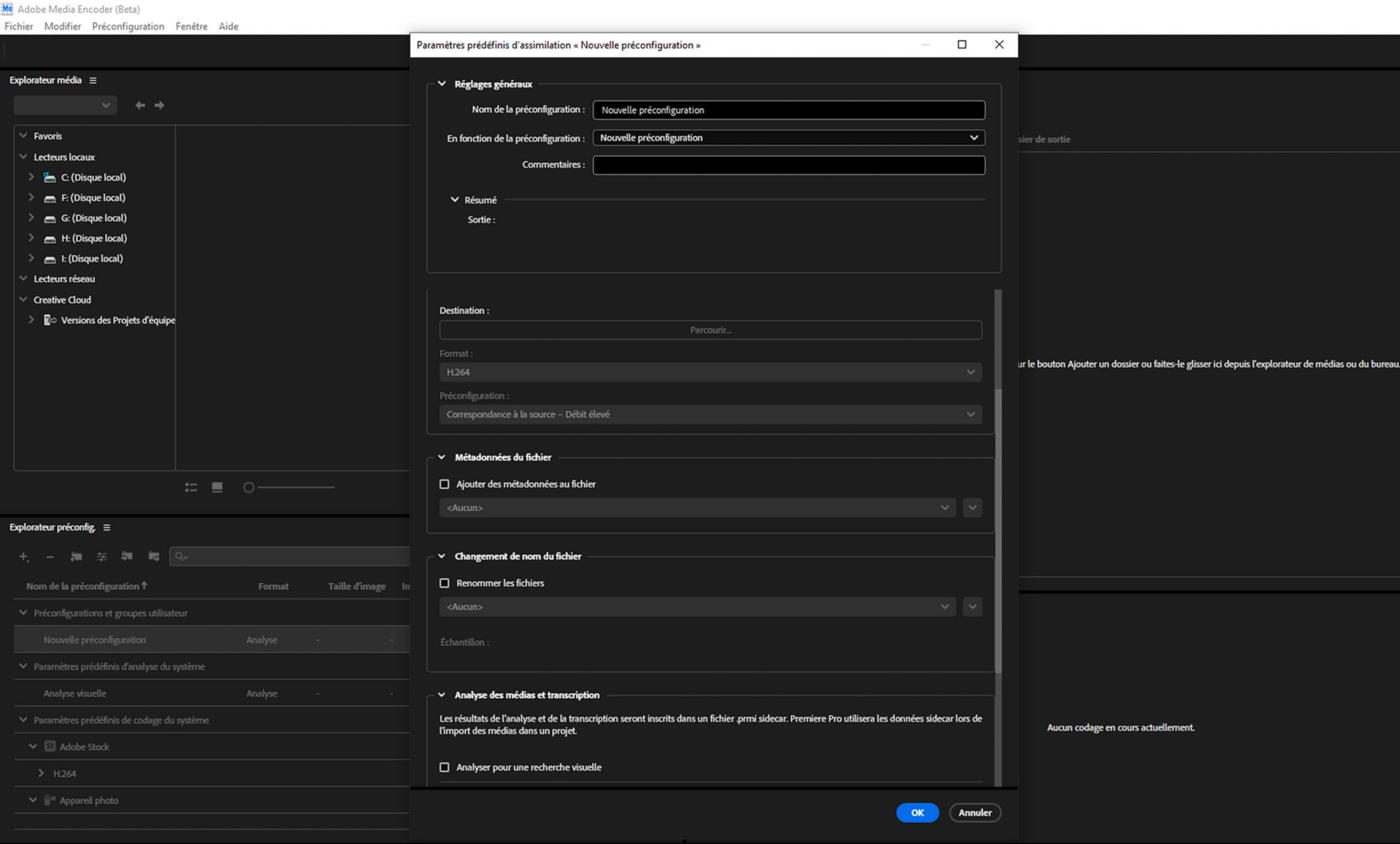L’interface d’Adobe Media Encoder affiche différentes préconfigurations d’assimilation, telles que le transcodage, la copie, la création de doublures.