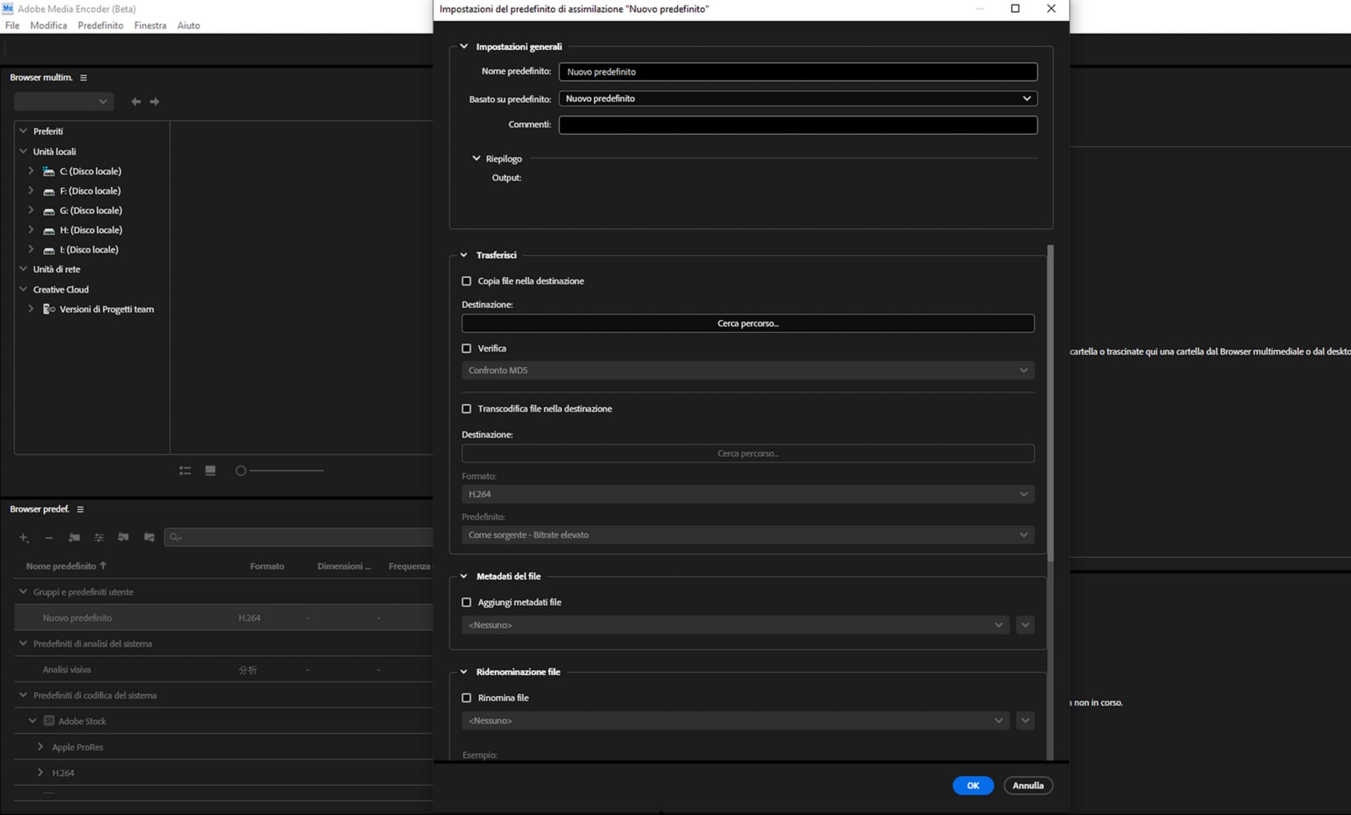 Interfaccia di Adobe Media Encoder che mostra diverse impostazioni del predefinito di assimilazione, ad esempio: transcodifica, copia, creazione di proxy.