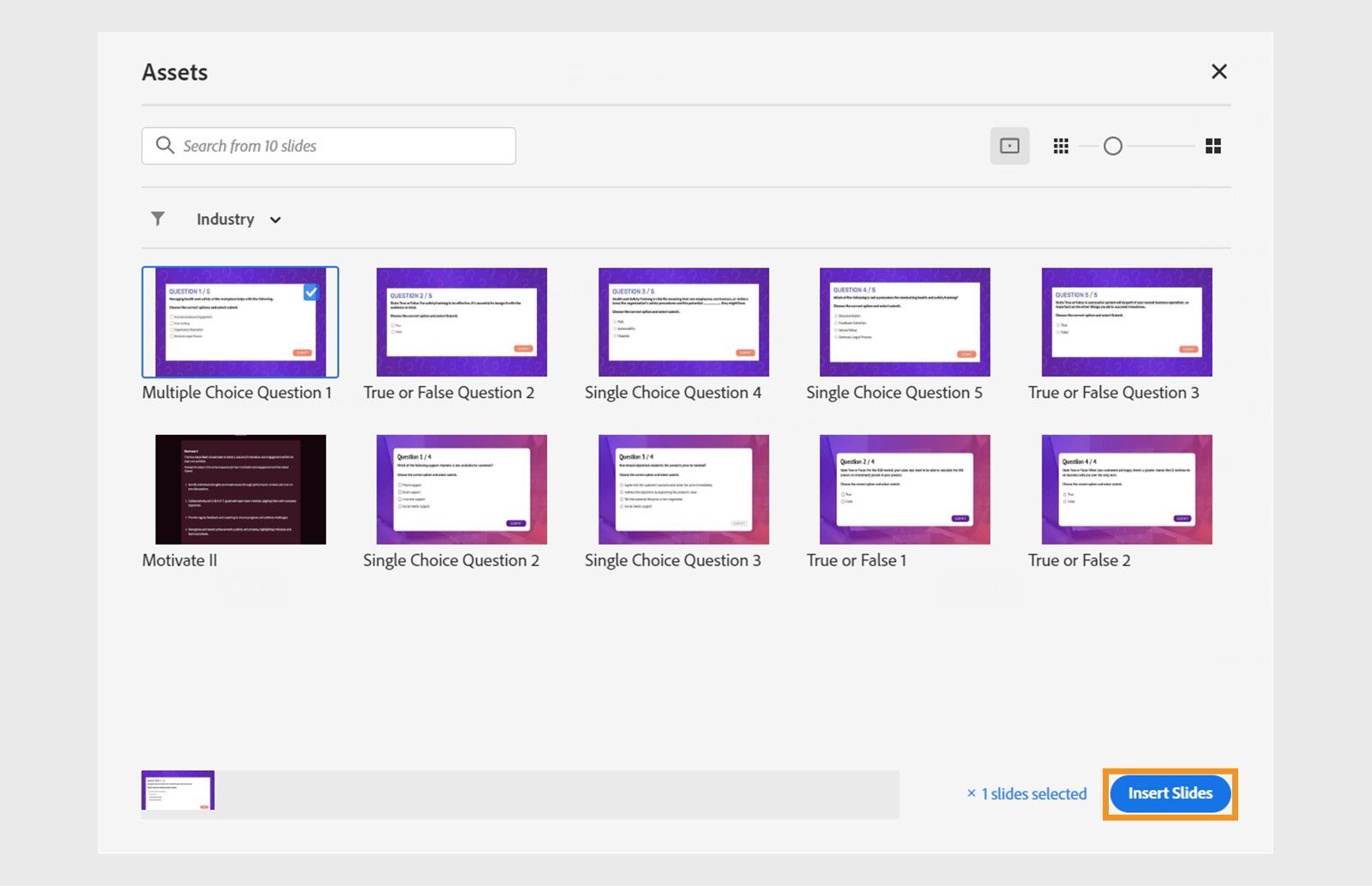 This image describes how to insert question slides from assets to a question pool.