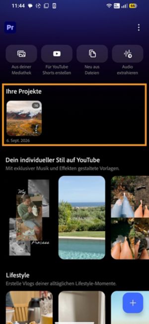 Premiere auf Android-Startseite mit einem vorhandenen Projekt, das unter „Deine Projekte" hervorgehoben ist.