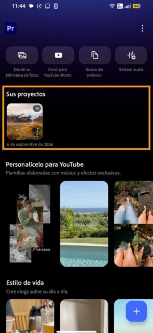 Pantalla de inicio de Premiere en Android con un proyecto existente resaltado en Tus proyectos.