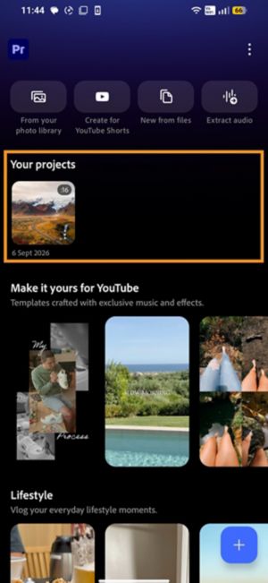 Premiere on Android home screen with an existing project highlighted under Your projects.